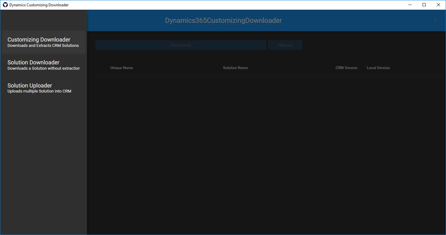 Dynamics365-Customizing-Downloader UI Screenshot